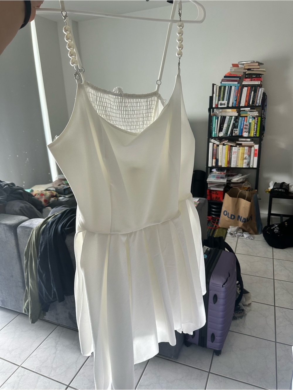 SHEIN Cream Pearl-Strap Pleated Mini Dress